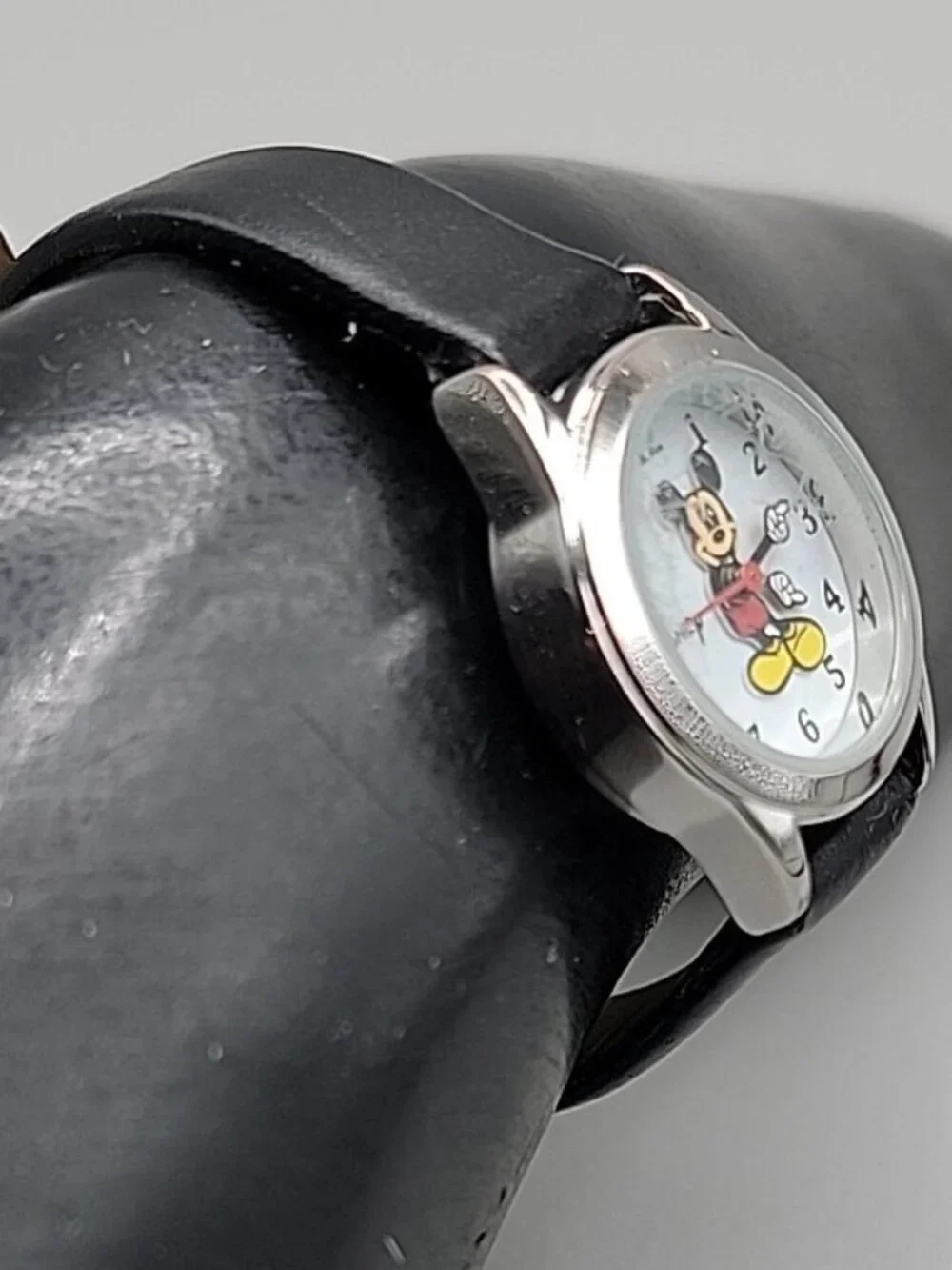Vintage Disney Mickey Mouse Watch Silver Tone, Hadley-Roma Leather Strap - Runs